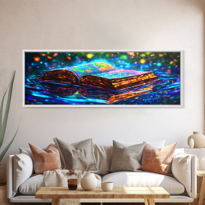 Glowing Open Book On Moonlit Water Canvas Print, Fantasy Wall Art, Library Decor, Book Lover Gift, Magical Reading Nook Art