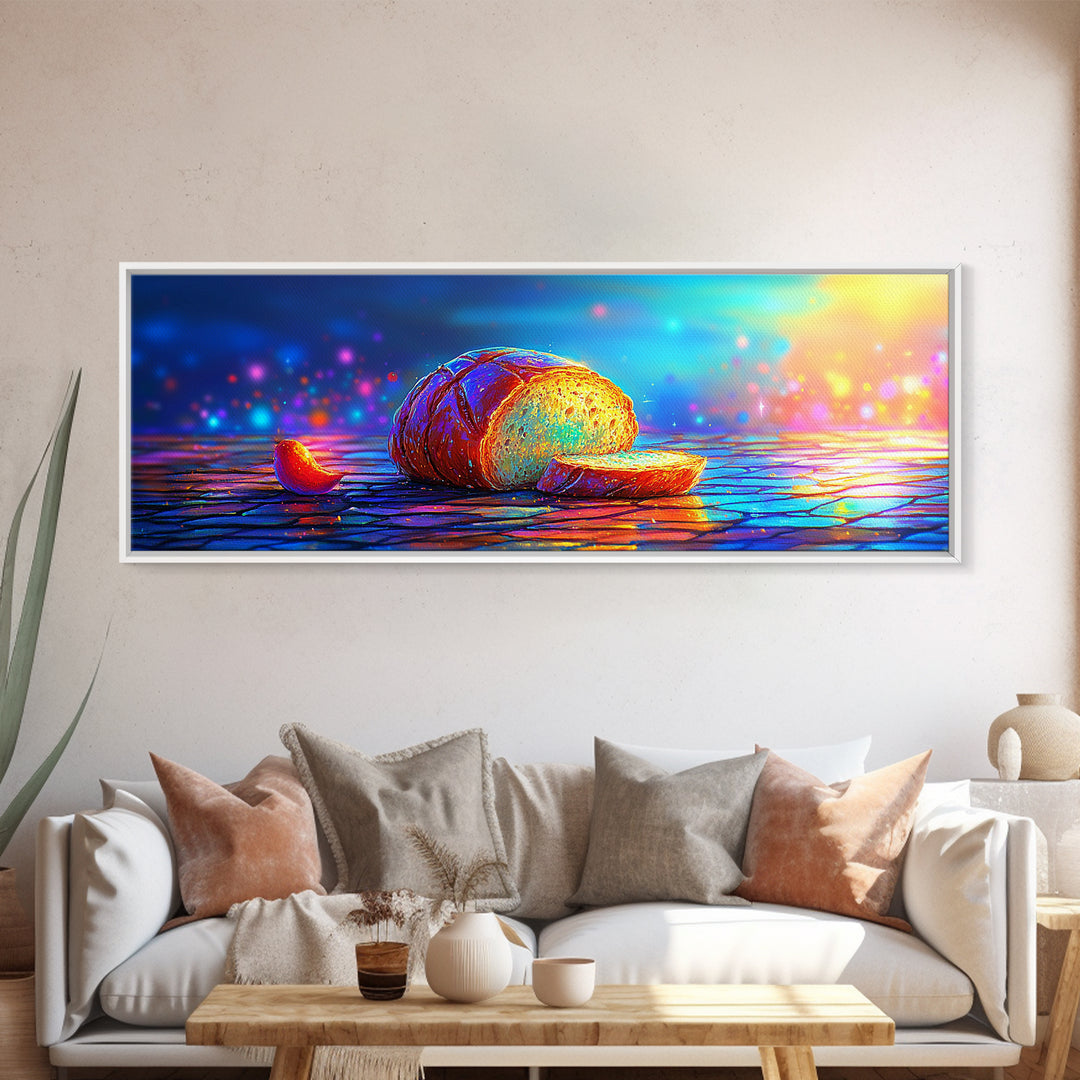 Golden Croissant On Blue Table Canvas Print, Bakery Wall Art, French Kitchen Decor, Foodie Gift, Cozy Cafe Poster, Home Decor
