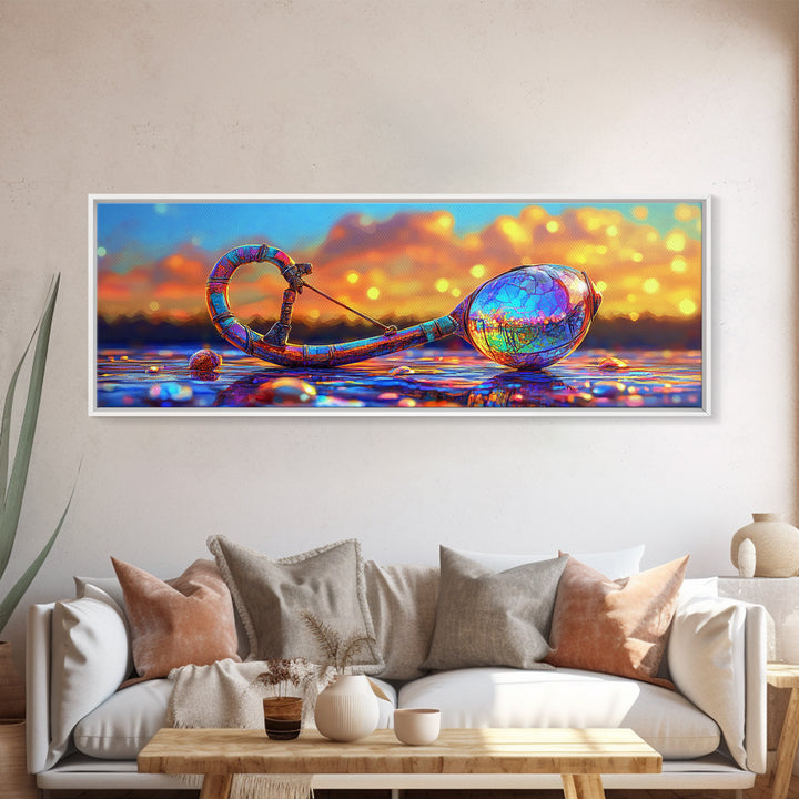 Iridescent Antique Key And Jewel Egg Wall Art, Fantasy Coastal Canvas Print For Mystical Beach House Decor And Unique Gift
