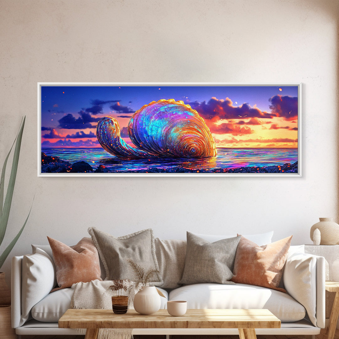 Giant Iridescent Seashell At Ocean Sunset Wall Art, Coastal Canvas Print For Beach House Living Room Decor And Nautical Gift