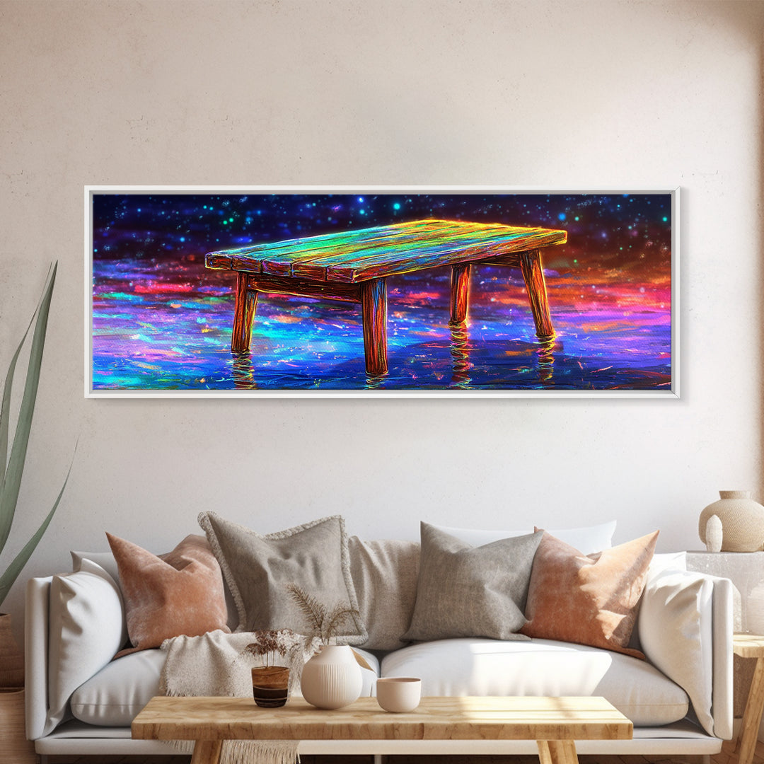Glowing Wooden Dock Over Reflective Water Wall Art, Starry Landscape Canvas Print For Lake House Decor And Home Office Decor