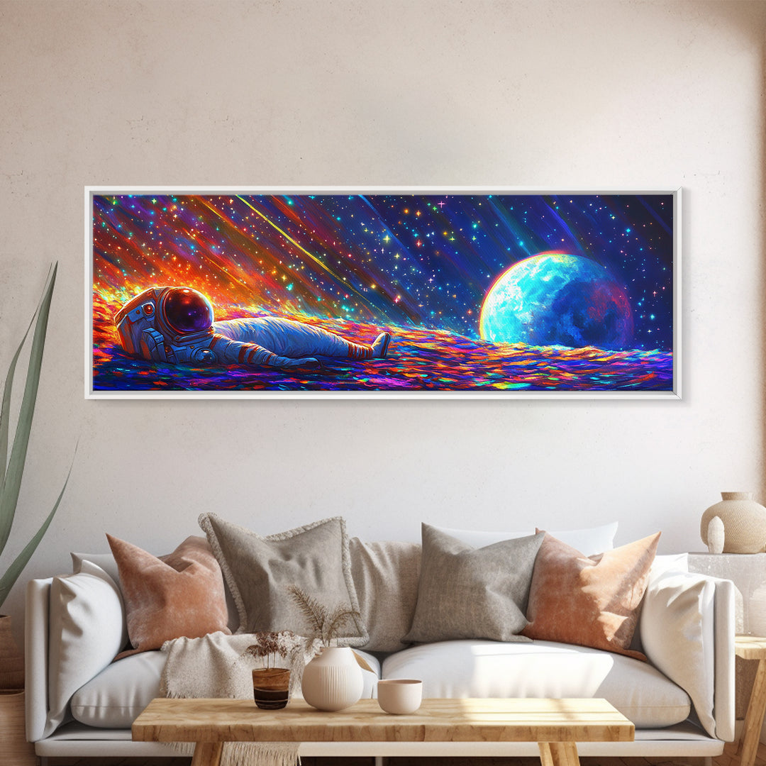 Astronaut Resting On Rainbow Planet Wall Art, Sci Fi Space Canvas Print For Gaming Room Decor And Modern Futuristic Home Decor