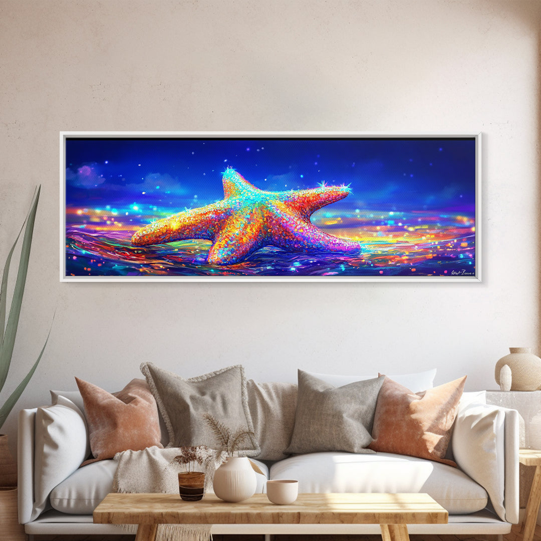 Rainbow Starfish In Moonlit Surf Canvas Print, Coastal Wall Art, Ocean Seascape Decor, Beach House Gift For Her, Summer Decor