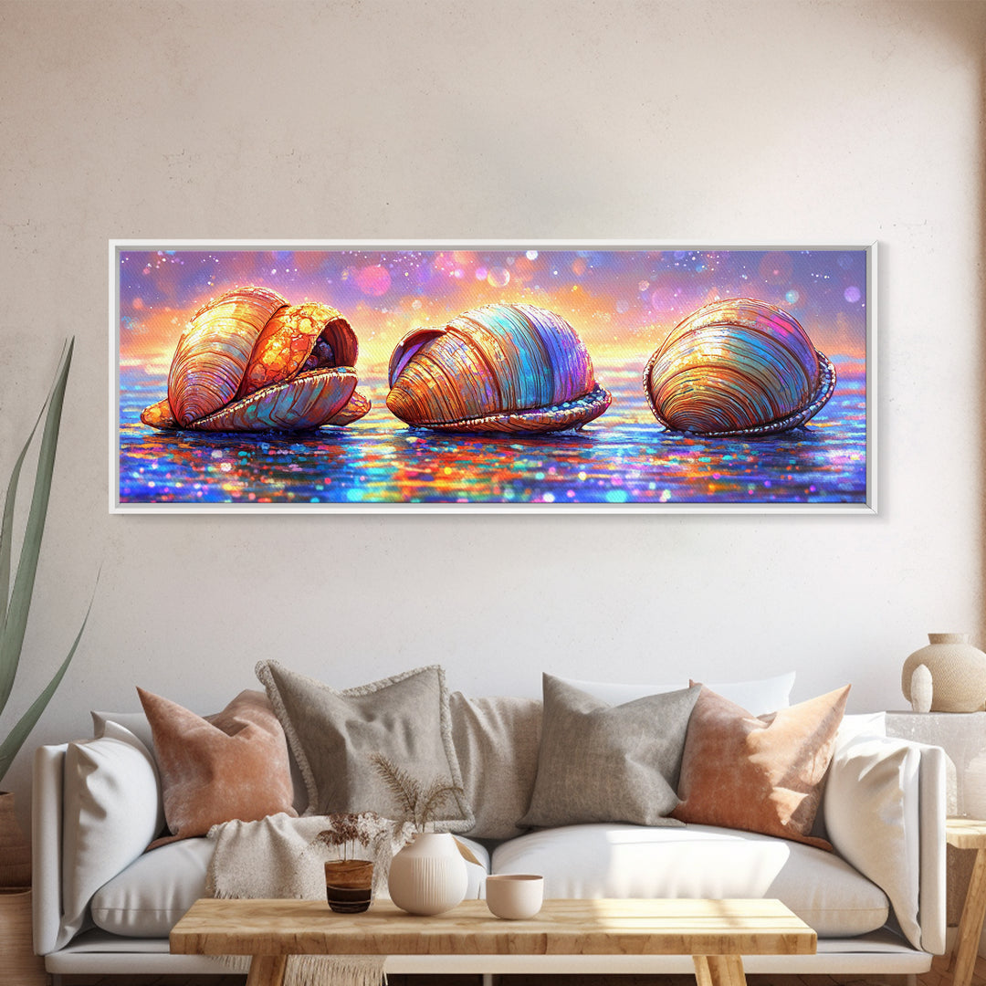 Iridescent Seashells On Sparkling Shore Wall Art, Coastal Canvas Print, Beach House Decor, Ocean Lover Gift For Her Home