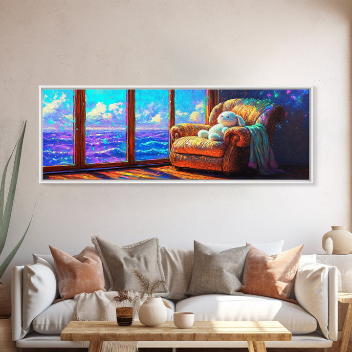 Cozy Bunny Armchair By Ocean Window Framed Canvas Print, Whimsical Nursery Wall Art, Beach House Bedroom Decor, Baby Gift