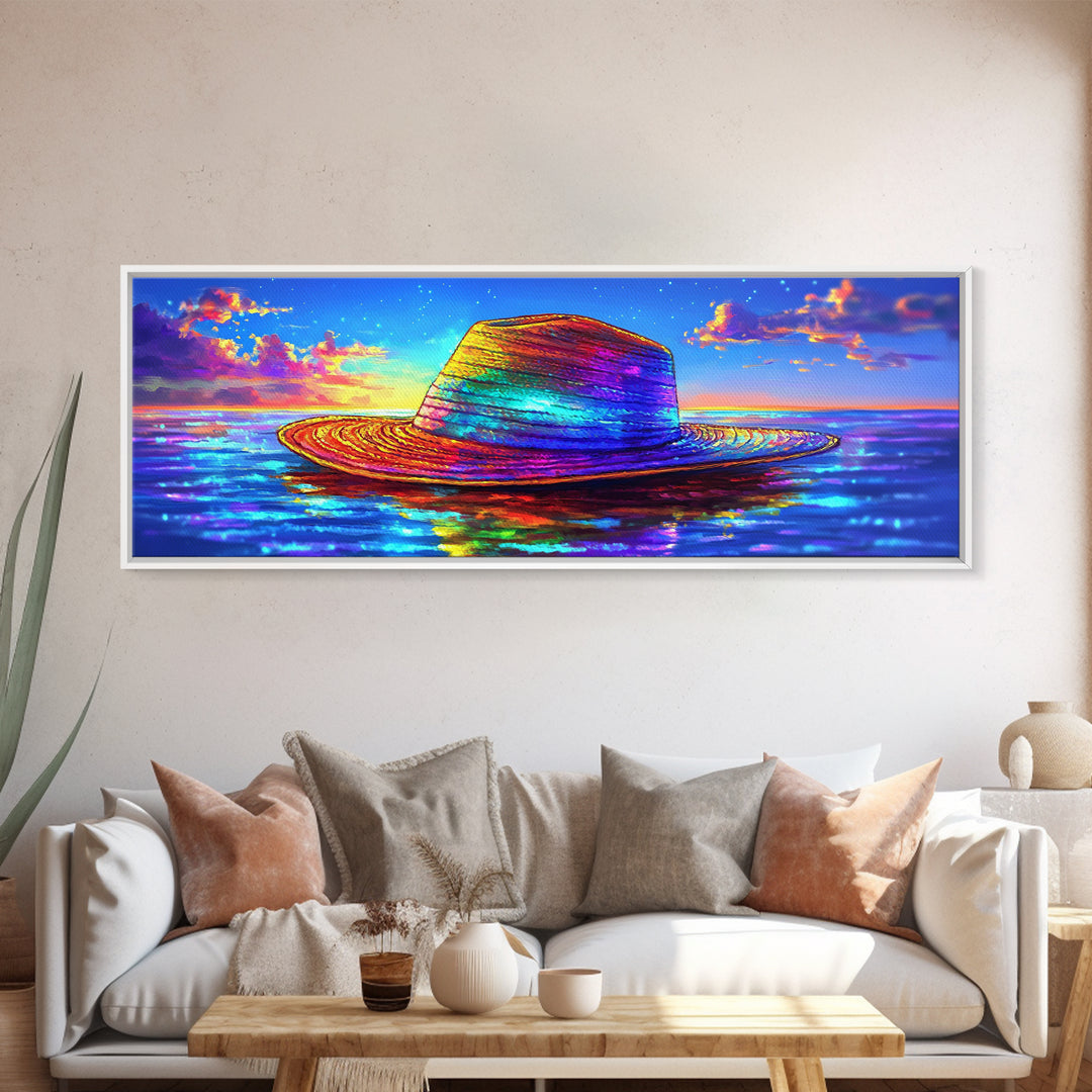 Rainbow Straw Hat Floating On Sunset Ocean Wall Art, Colorful Beach Decor, Coastal Canvas Print, Summer Vacation Poster Art