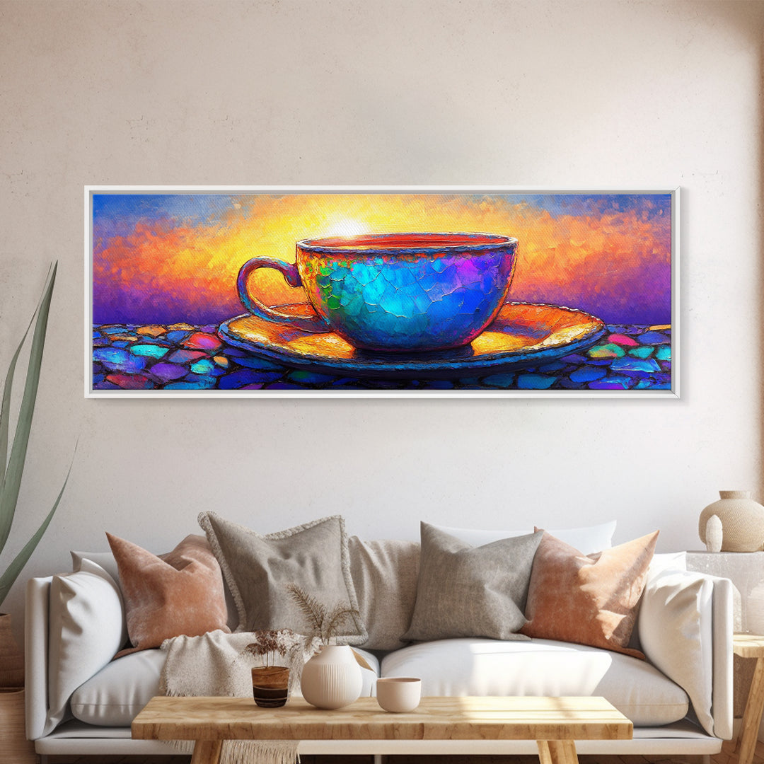 Textured Blue Teacup On Mosaic Saucer Canvas Print, Coffee Art, Kitchen Wall Art, Colorful Wall Art, Cozy Cafe Home Decor
