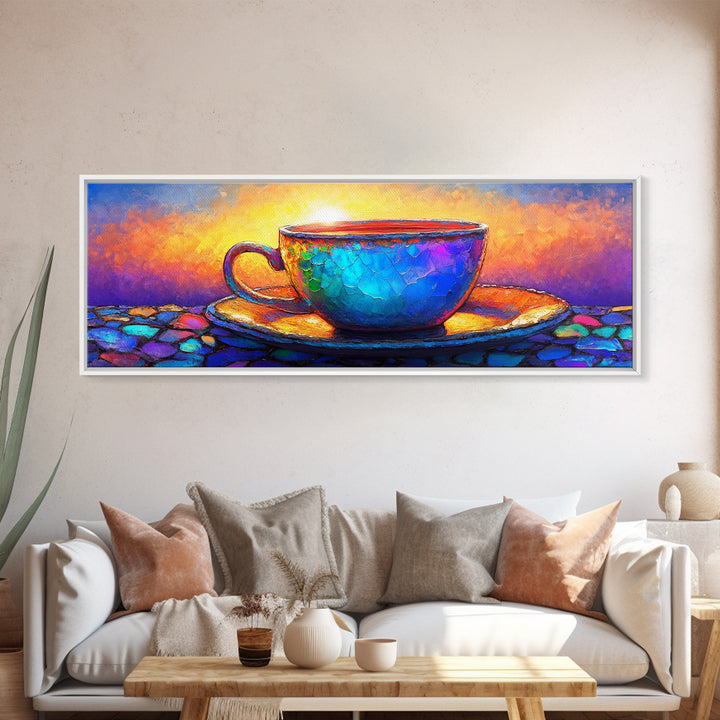 Textured Blue Teacup On Mosaic Saucer Canvas Print, Coffee Art, Kitchen Wall Art, Colorful Wall Art, Cozy Cafe Home Decor