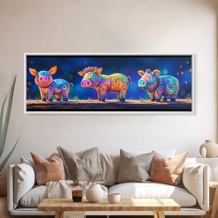 Three Rainbow Farm Animal Figures Wall Art, Colorful Animal Nursery Art, Whimsical Farmhouse Decor, Kids Room Canvas Print