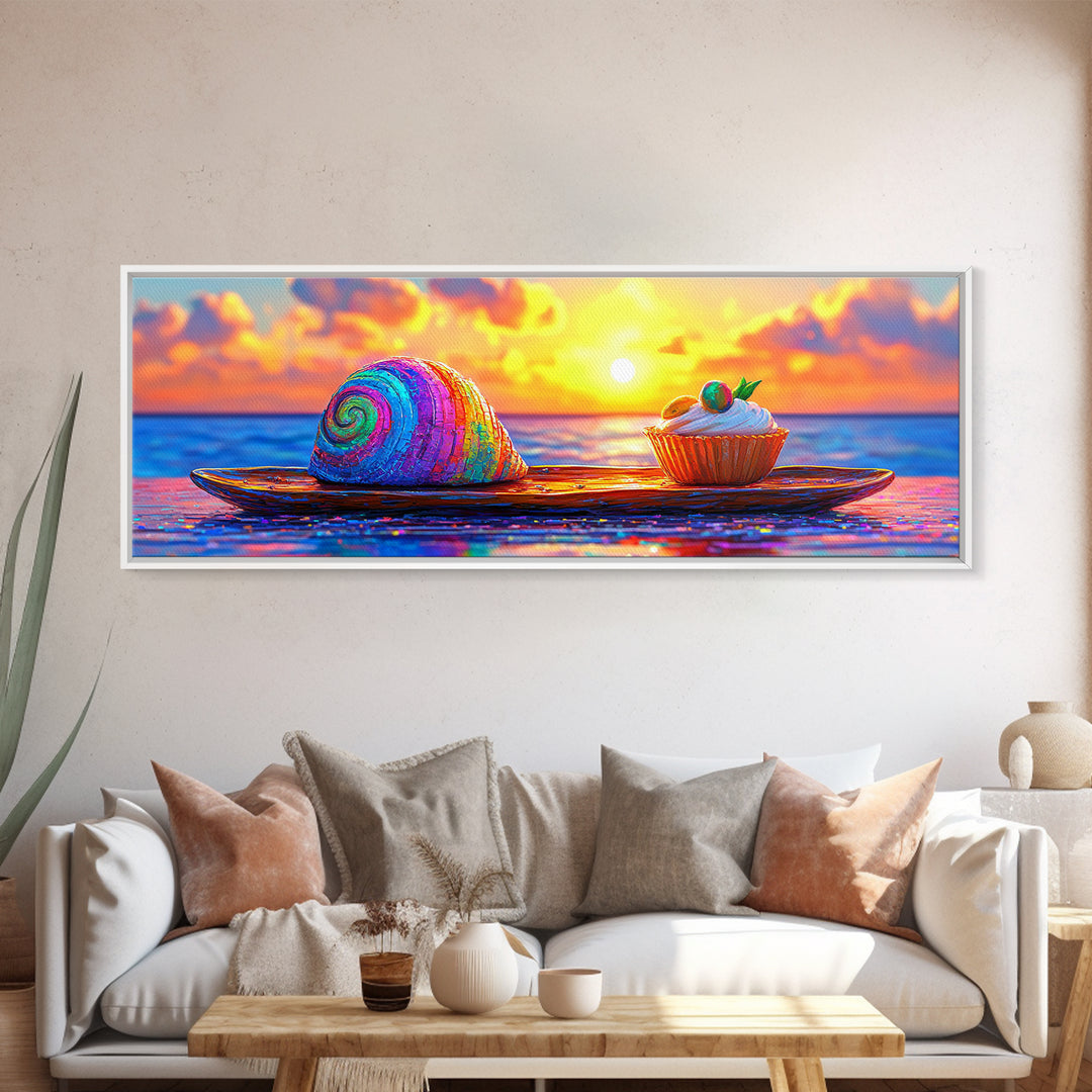 Rainbow Seashell And Cupcake At Ocean Sunset Wall Art, Coastal Kitchen Decor, Whimsical Beach House Art Print, Summer Decor