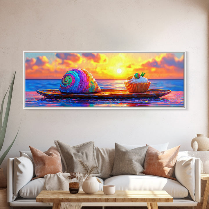 Rainbow Seashell And Cupcake At Ocean Sunset Wall Art, Coastal Kitchen Decor, Whimsical Beach House Art Print, Summer Decor
