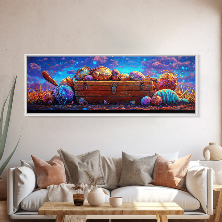 Treasure Chest With Glowing Seashells Canvas Print, Coastal Wall Art, Nautical Decor, Ocean Nursery Decor, Beach House Art
