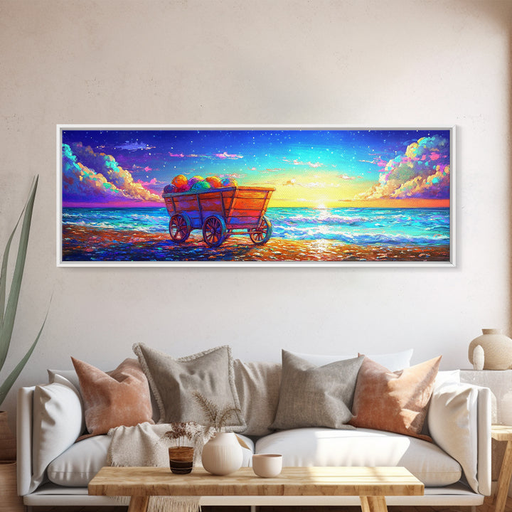 Wooden Wagon On Sunset Beach Framed Canvas Print, Coastal Wall Art, Ocean Painting, Beach House Decor, Seascape Art, Summer Home Decor
