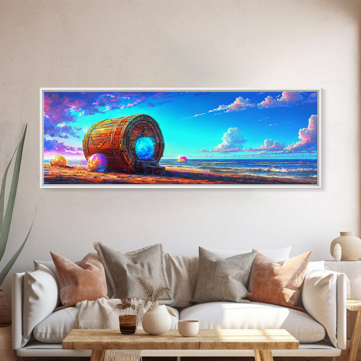 Glowing Barrel On Dreamy Seashore Framed Canvas Print, Coastal Wall Art, Beach House Decor, Surreal Ocean Wall Art, Nautical Decor