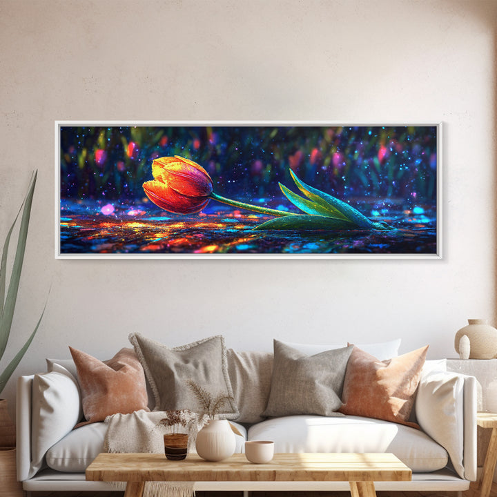 Single Orange Tulip On Glittering Rain Wall Art, Floral Wall Art, Botanical Print, Romantic Decor, Gift For Her, Bedroom Wall Decor
