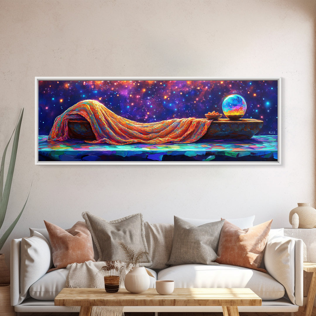 Dreamy Draped Bed Under Starry Sky Wall Art, Celestial Wall Art, Surreal Art, Whimsical Decor, Bedroom Wall Art, Modern Home Decor