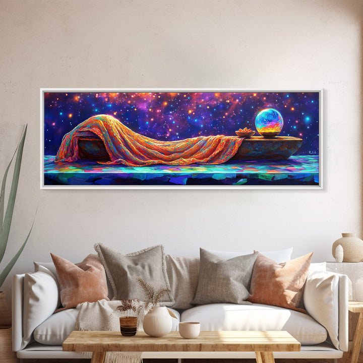 Dreamy Draped Bed Under Starry Sky Wall Art, Celestial Wall Art, Surreal Art, Whimsical Decor, Bedroom Wall Art, Modern Home Decor