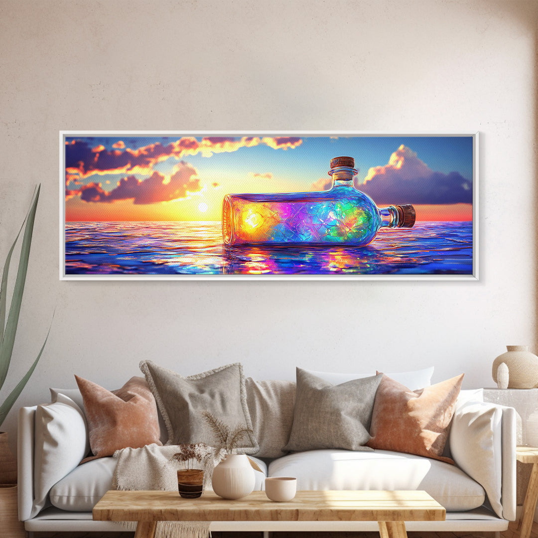 Glowing Message Bottle At Ocean Sunset Framed Canvas Print, Coastal Wall Art, Beach House Decor And Nautical Gift For Living Room