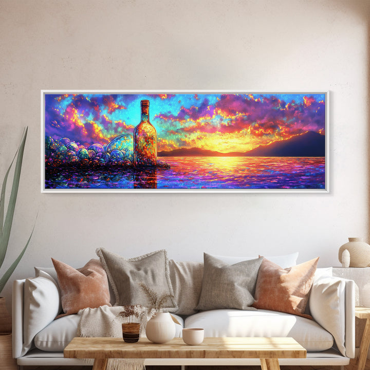 Glowing Bottle On Sunset Shore Canvas Print, Vibrant Ocean Wall Art, Coastal Beach House Decor For Living Room And Office Decor