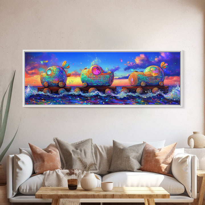 Whimsical Toy Train Rolling Through Ocean Waves Wall Art, Colorful Coastal Decor, Fantasy Nursery Art, Playroom Canvas Print
