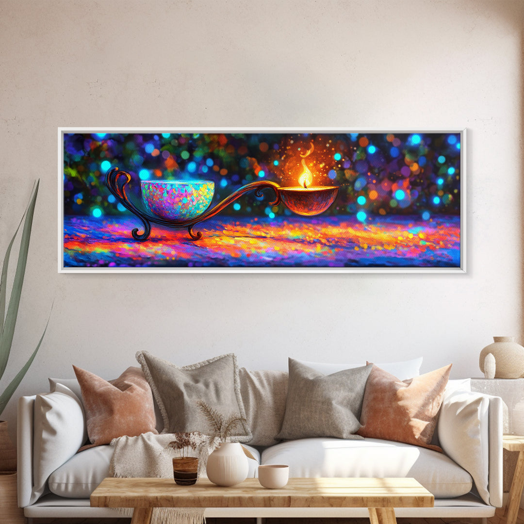 Ornate Rainbow Oil Lamp With Flame Framed Canvas Print, Spiritual Wall Art, Meditation Decor, Boho Home Decor Gift, Zen Wall Decor
