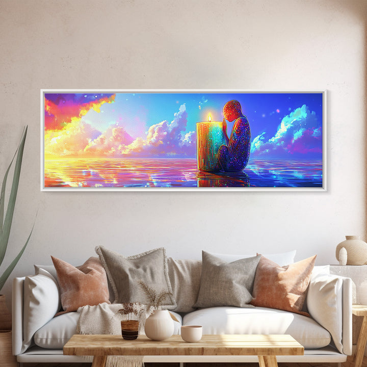 Solitary Figure Holding Candle By Sunset Sea Wall Art, Mystical Ocean Canvas Print, Spiritual Decor, Coastal Meditation Room Decor