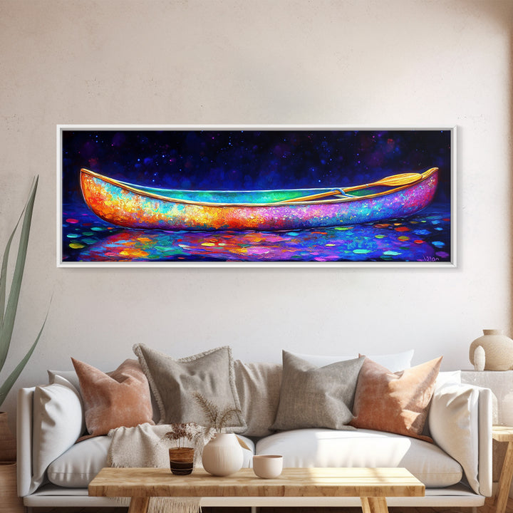 Rainbow Canoe Floating Under Starry Night Canvas Print, Nautical Wall Art, Colorful Coastal Decor, Lake House Statement Art
