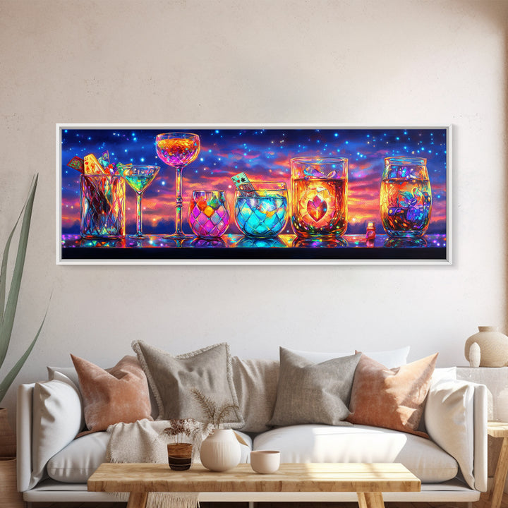 Glowing Cocktail Glasses At Twilight Wall Art, Colorful Bar Cart Canvas Print, Home Bar Decor, Martini And Wine Lover Gift