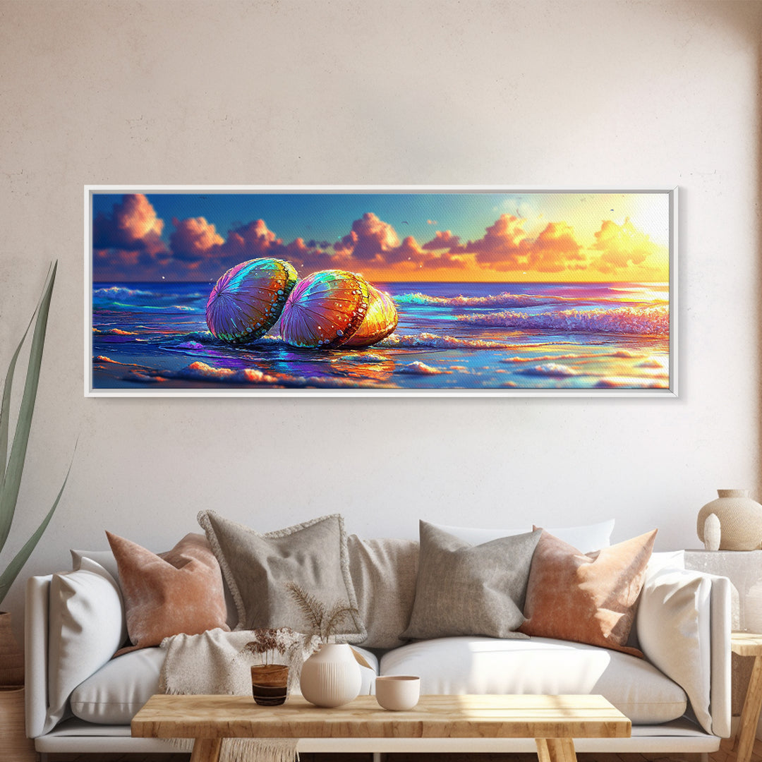 Sunlit Seashells On Ocean Shore Canvas Print, Coastal Wall Art, Beach House Decor, Nautical Seascape Living Room Decor Print