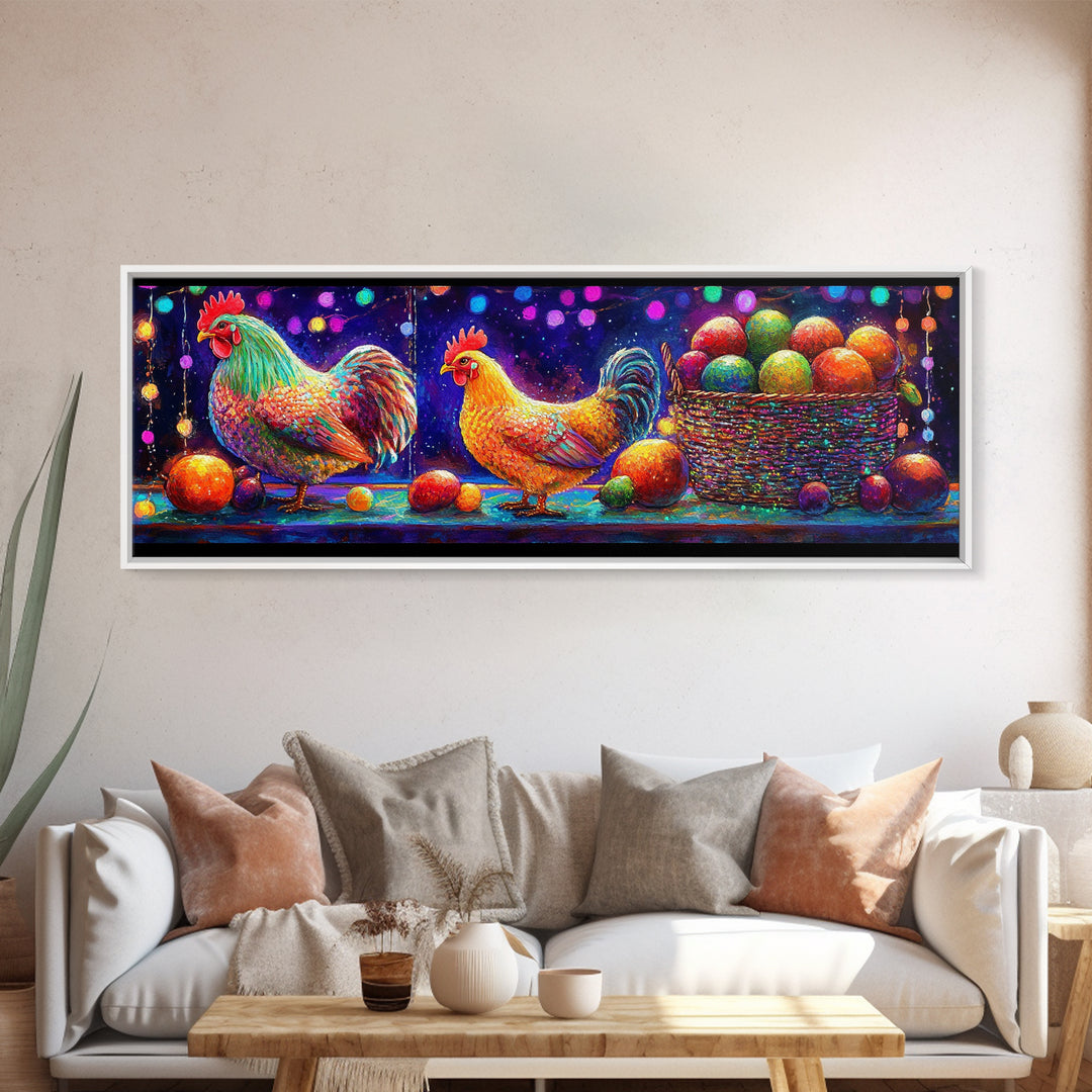 Colorful Roosters And Hen With Fruit Basket Canvas Print, Farmhouse Kitchen Wall Art, Chicken Art, Rustic Home Decor Gift