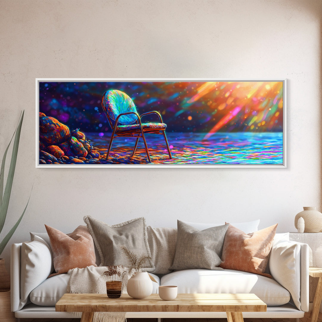 Empty Chair By Radiant Ocean Light Framed Canvas Print, Coastal Wall Art, Beach House Decor, Serene Seascape, Gift For Her