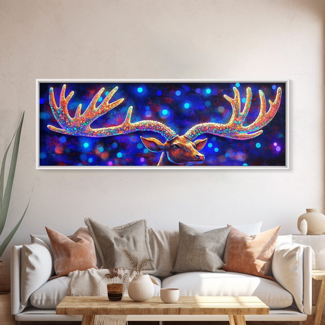 Rainbow Moose Antlers With Neon Bokeh Canvas Print, Wildlife Wall Art, Colorful Lodge Decor, Rustic Nature Housewarming Gift