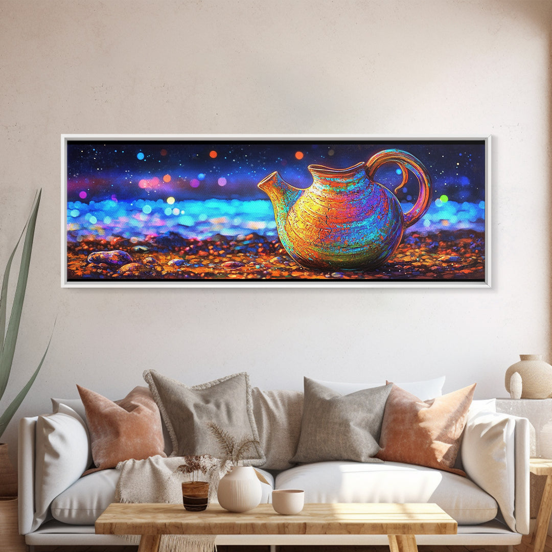 Iridescent Ceramic Pitcher Under Starry Lights Framed Canvas Print, Colorful Kitchen Wall Art, Modern Home Decor, Unique Gift