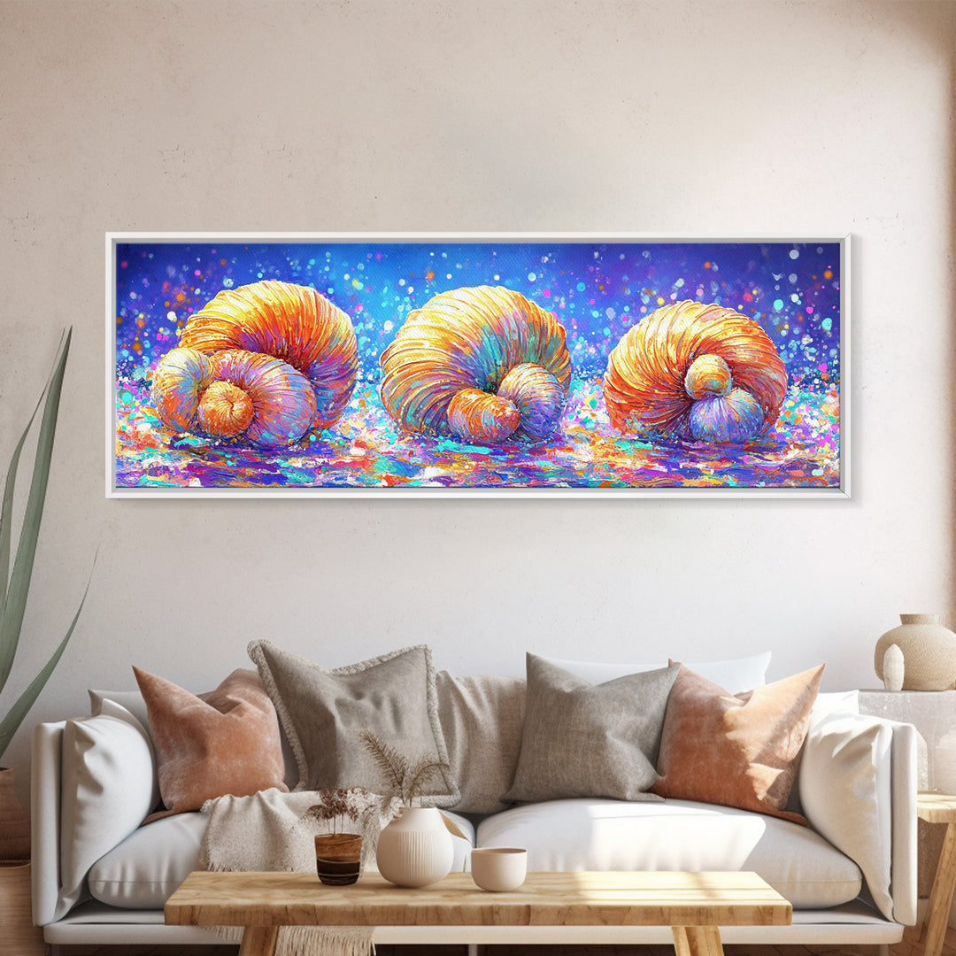 Three Radiant Seashells In Confetti Light Canvas Print, Coastal Wall Art, Beach House Decor, Nautical Bathroom Wall Decor
