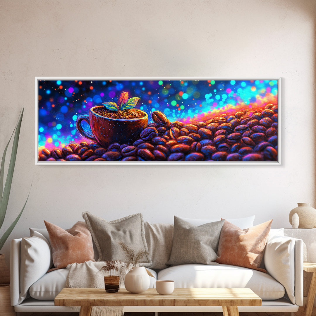 Coffee Beans And Sprout In Glowing Cup Canvas Print, Coffee Bar Wall Art, Modern Kitchen Decor, Gift For Coffee Lover Home Decor