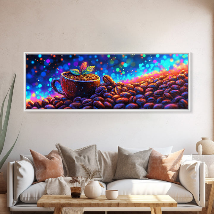 Coffee Beans And Sprout In Glowing Cup Canvas Print, Coffee Bar Wall Art, Modern Kitchen Decor, Gift For Coffee Lover Home Decor