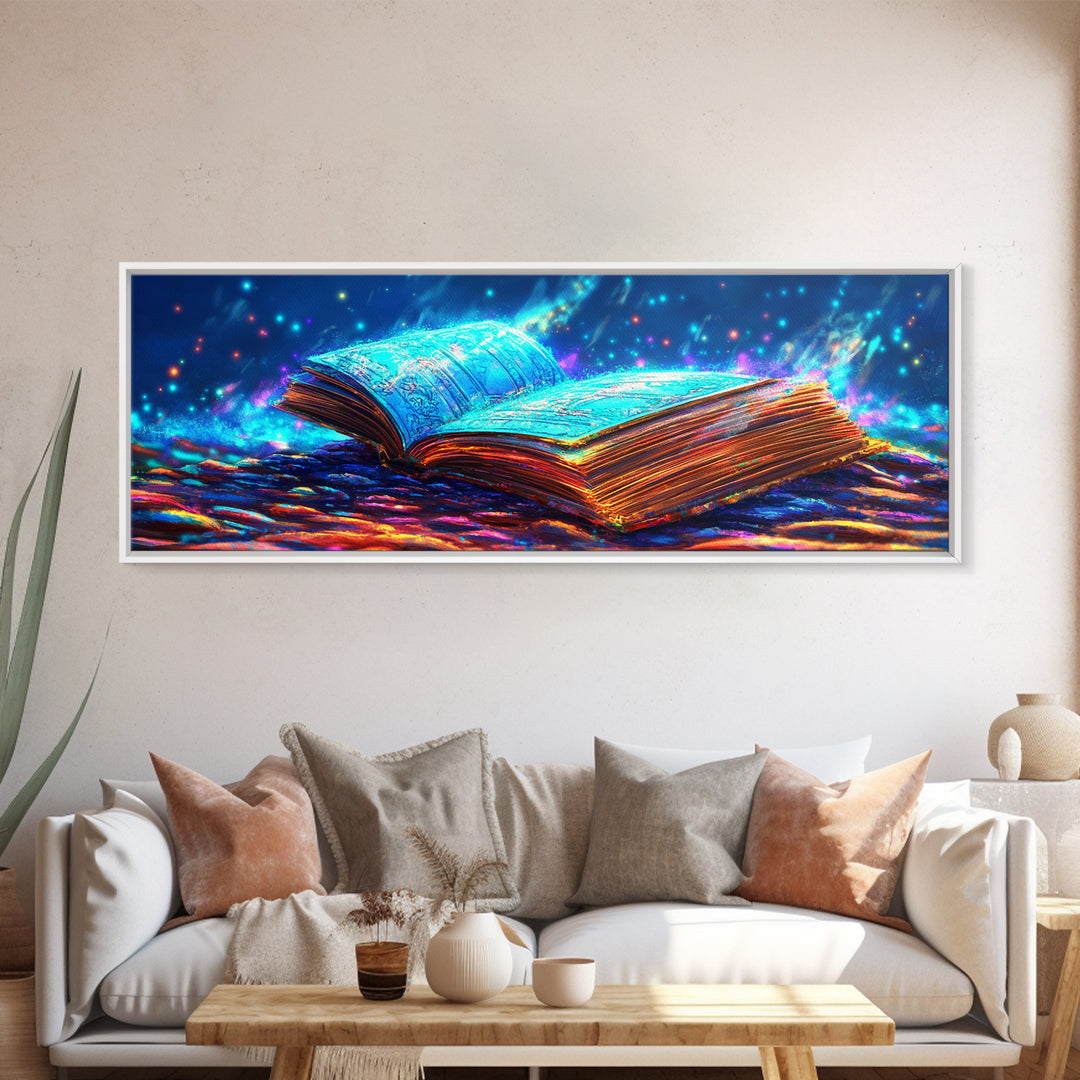 Glowing Open Book With Magical Blue Light Wall Art, Fantasy Library Canvas Print, Book Lover Decor, Dark Academia Gift For Readers