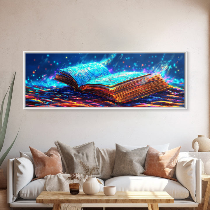 Glowing Open Book With Magical Blue Light Wall Art, Fantasy Library Canvas Print, Book Lover Decor, Dark Academia Gift For Readers