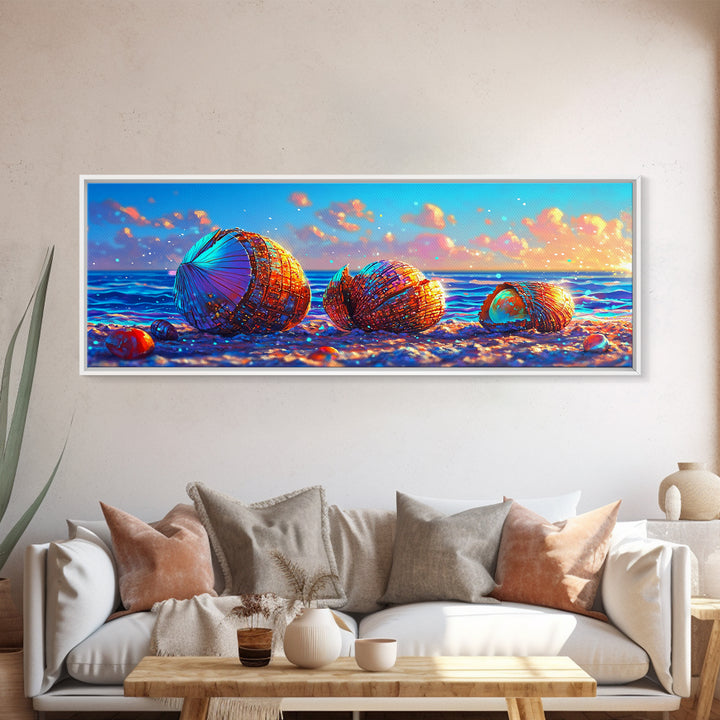 Rainbow Seashells On Sunny Beach Canvas Print, Coastal Wall Art, Ocean Decor, Beach House Nautical Living Room Decor Gift For Her