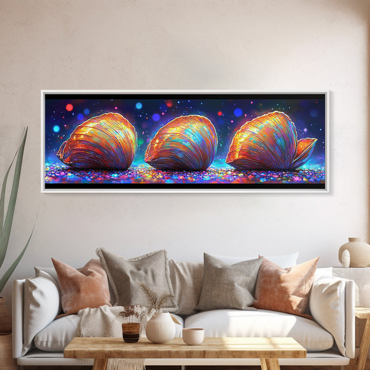Three Glowing Seashells Canvas Print, Coastal Wall Art, Ocean Bathroom Decor, Beach House Gift, Colorful Nautical Art Print