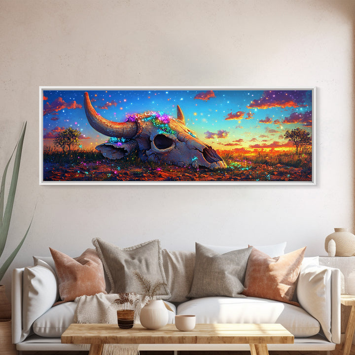 Flower Covered Longhorn Skull Canvas Print, Western Wall Art, Rustic Desert Decor, Southwestern Cowgirl Ranch Housewarming Gift