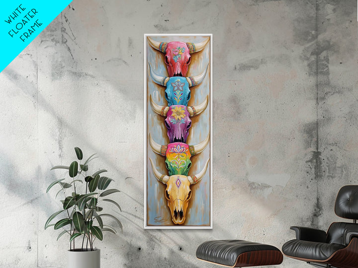 Stacked Painted Longhorn Skulls Wall Art, Southwestern Western Decor, Cowgirl Framed Canvas Print, Boho Ranch Home Decor