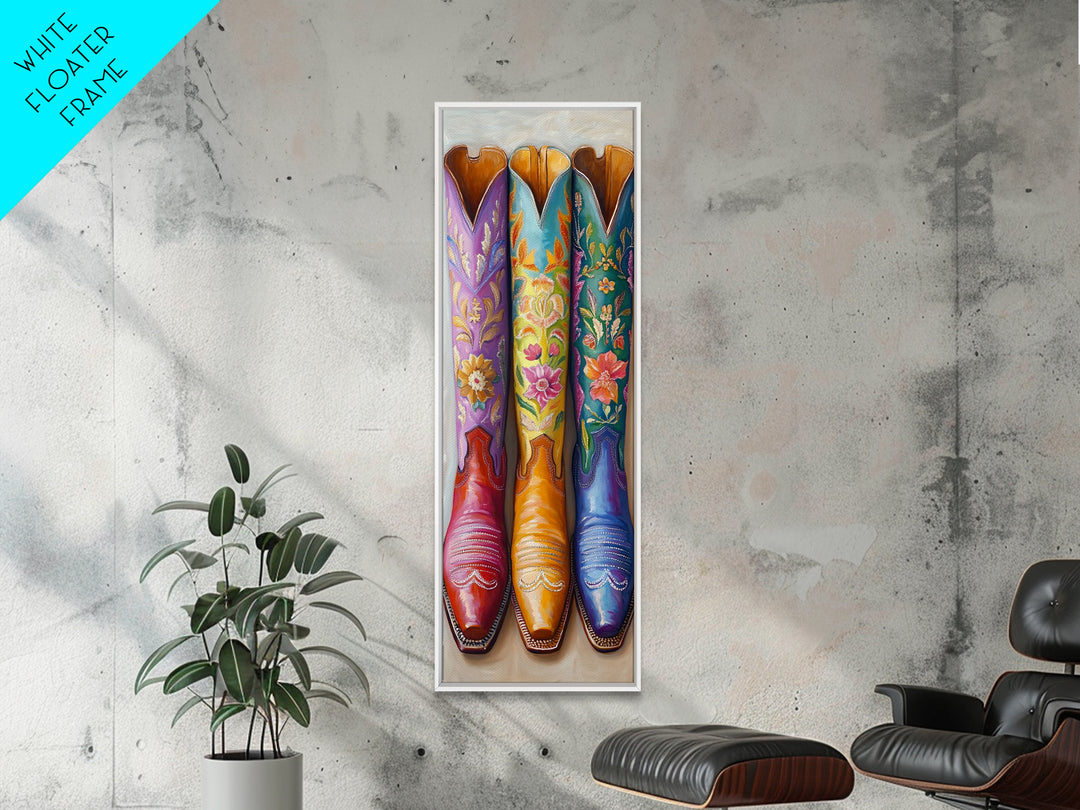 Three Tall Floral Cowboy Boots Wall Art, Western Cowgirl Decor, Southwestern Framed Canvas Print, Rustic Bedroom Wall Decor