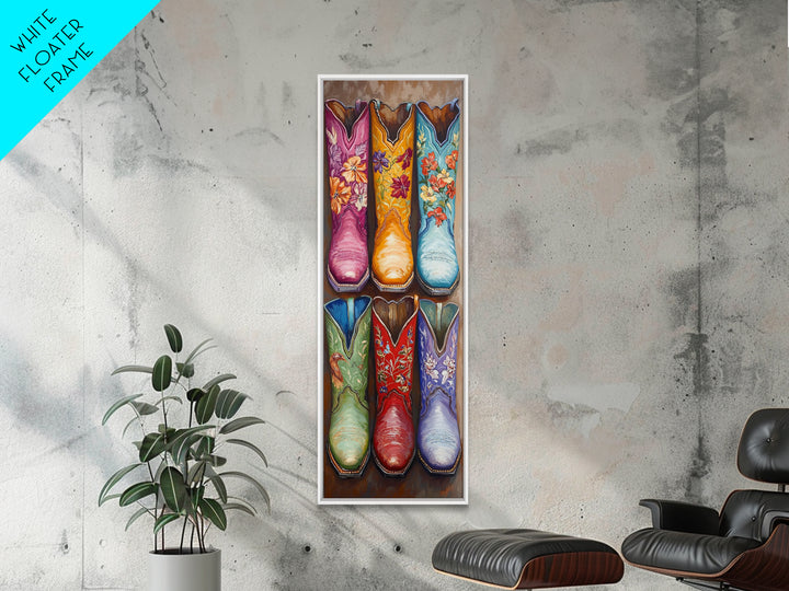 Six Floral Cowboy Boots Wall Art, Western Framed Canvas Print For Cowgirl Bedroom Living Room Rustic Home Decor Gift For Her