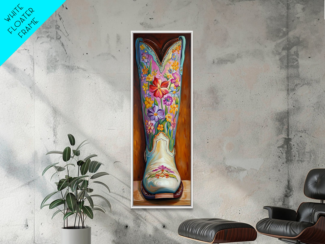 Turquoise Floral Cowboy Boot Framed Canvas Print, Western Cowgirl Wall Art, Boho Rodeo Decor, Southwestern Living Room Art