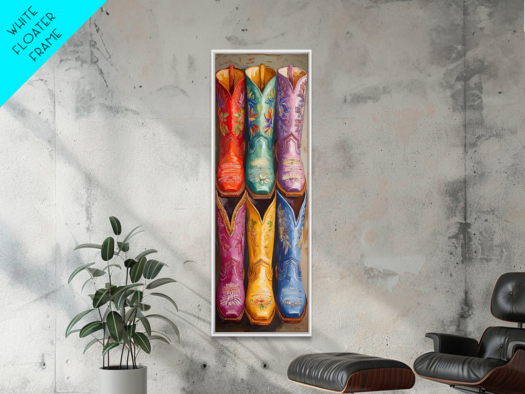 Bright Embroidered Western Boots Framed Canvas Print, Cowgirl Wall Art, Rodeo Decor, Boho Farmhouse Living Room Home Decor Gift