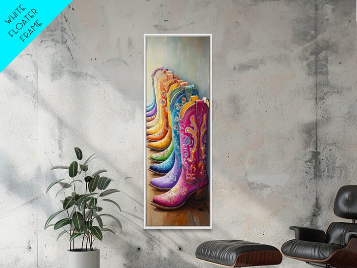 Rainbow Row Of Floral Cowboy Boots Framed Canvas Print, Western Cowgirl Wall Art, Maximalist Ranch Home Decor, Gift For Her