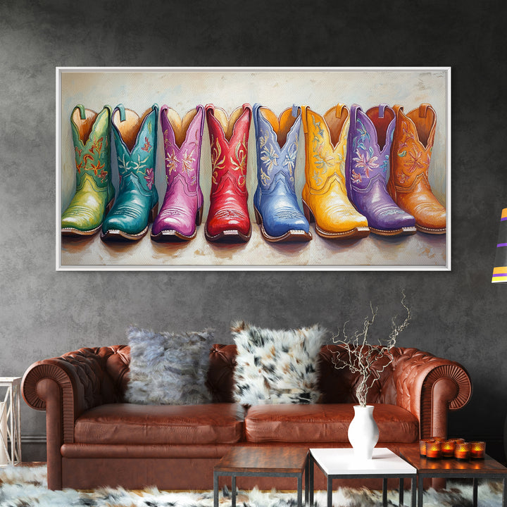 Bright Embroidered Cowboy Boots Wall Art, Western Cowgirl Canvas Print For Boho Bedroom Decor And Rustic Ranch Home Decor