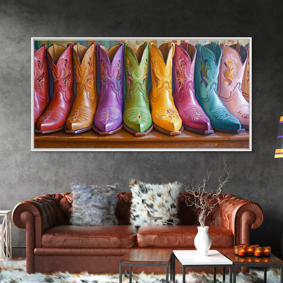 Bright Leather Cowgirl Boots With Floral Stitching Wall Art, Western Decor, Boho Wall Art Print, Rustic Farmhouse Gift For Her