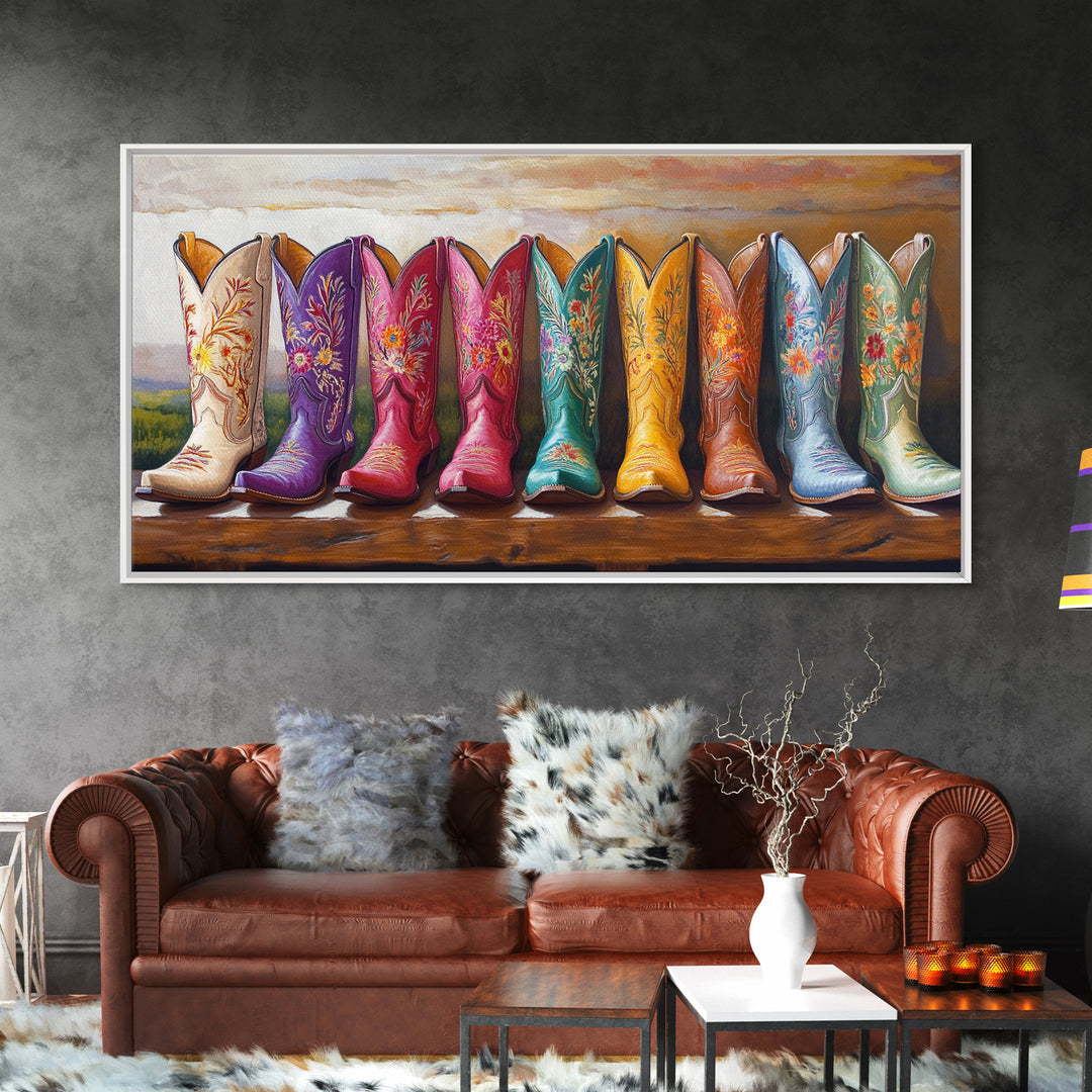 Tall Floral Cowboy Boots Framed Canvas Print, Western Wall Art, Cowgirl Room Decor, Rodeo Gift, Rustic Farmhouse Decor, Above Sofa Art